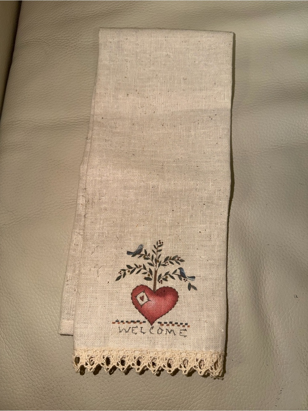 Vintage Welcome Heart Embroidered Linen Kitchen Towel - Cream